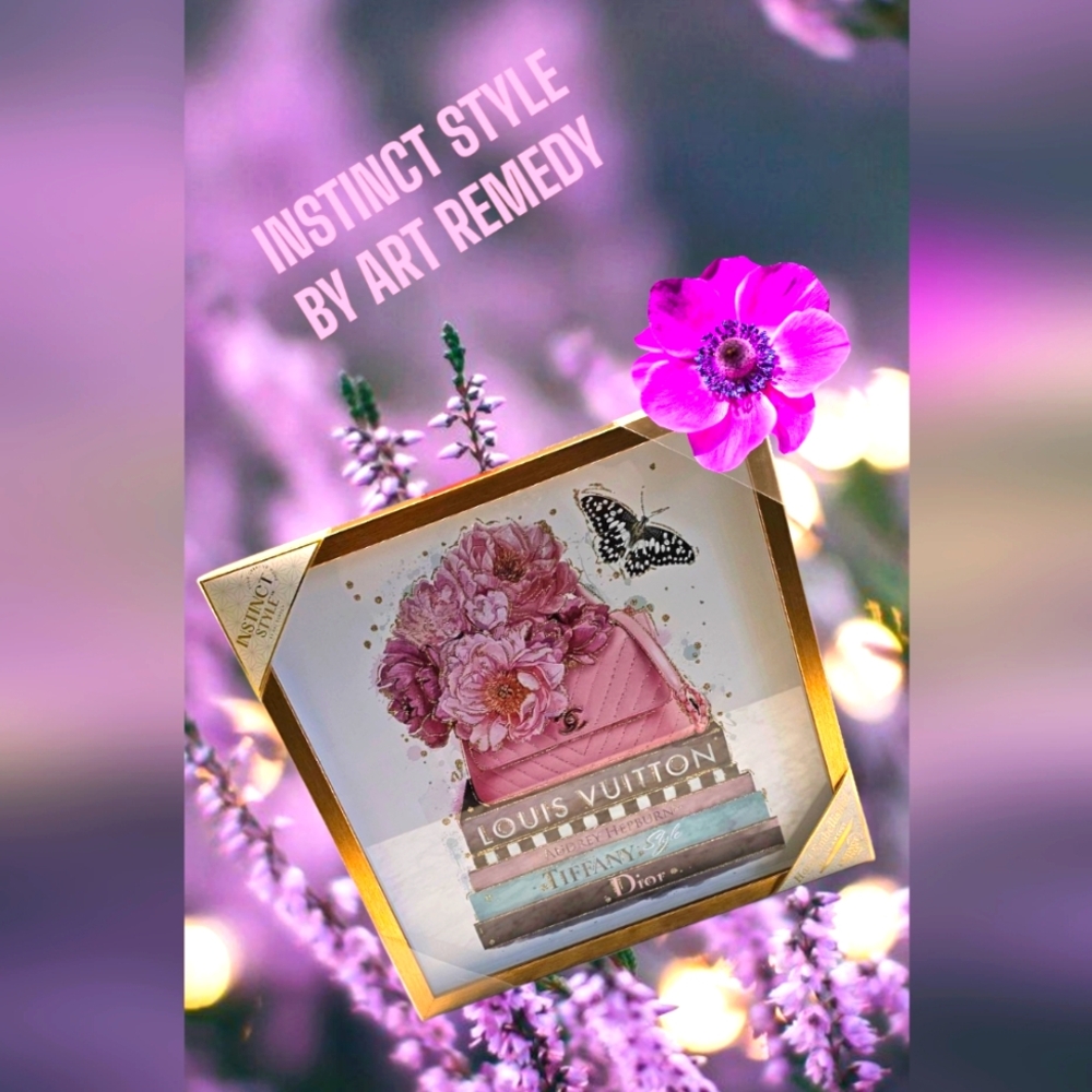 Nwt Instinct Style Framed Art Pink Floral Sparkly Butterfly with designer Books